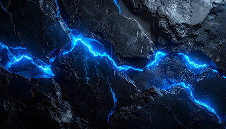 Blue lightning on dark stone background. Power energy concept. 3D Renderingの素材