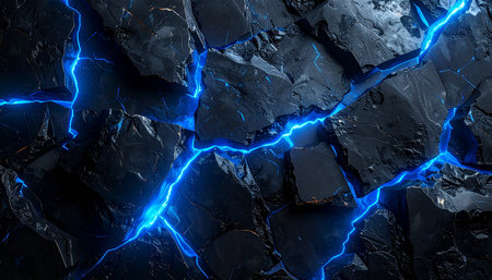 Blue lightning on black cracked ground. Abstract background. 3d renderingの素材