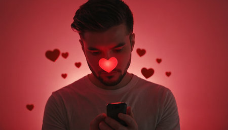 Young man in love using mobile phone with red heart on gradient backgroundの素材