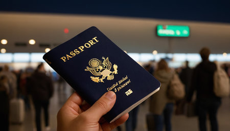 Hand holding American passport in airport at night. Travel and tourism conceptの素材