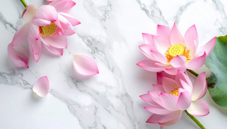 Pink lotus flower on white marble background. Flat lay, top viewの素材