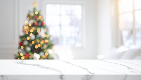 Empty white marble table top with christmas tree bokeh backgroundの素材