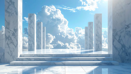 3d rendering of white room with blue sky and white clouds backgroundの素材