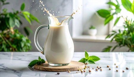 Milk splash in glass jug with mint leaves on white marble tableの素材