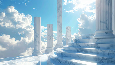 Pillars in the sky with clouds. 3D render.の素材