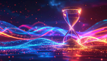 3d rendering of hourglass with flowing particles over dark blue backgroundの素材