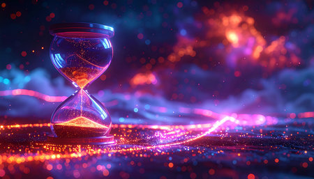 Time concept. Hourglass on dark background with red light. 3D renderingの素材