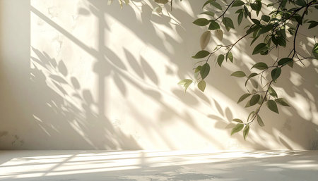 3d render of a white wall with a shadow and a plantの素材