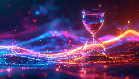 Hourglass with flowing sand on dark background. Concept of time passing. 3d renderingの素材