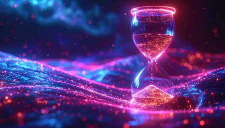 3d rendering hourglass with flowing sand on dark background, time conceptの素材