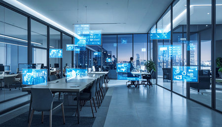 Interior of modern office with computers and city view. 3d renderingの素材