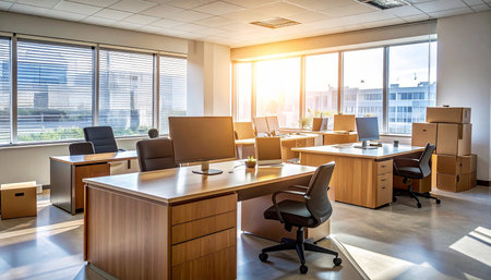 Modern office interior with wooden furniture and window with city view, nobodyの素材