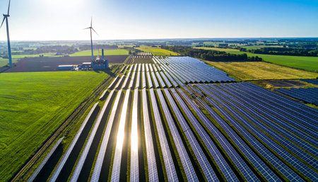 Aerial view of solar panels and wind turbines producing clean ecological energy.の素材