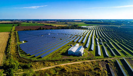 Aerial view of solar power plant with rows of solar panels in Polandの素材