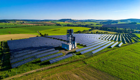 Aerial view of solar power plant with blue sky in Poland.の素材