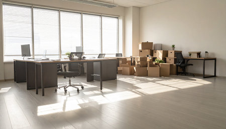 Modern office interior with boxes on the floor. 3d rendering.の素材