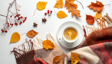 Cup of coffee with warm scarf and autumn leaves on white backgroundの素材