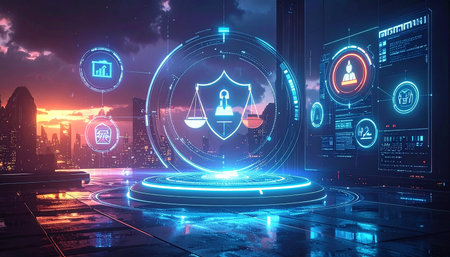 Glowing hologram justice scales and padlock on cityscape background. Law and justice concept. 3D Renderingの素材