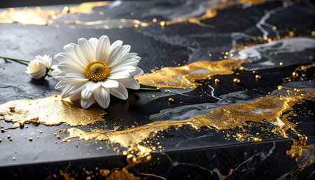 White daisy on a black marble background with gold splashes.の素材
