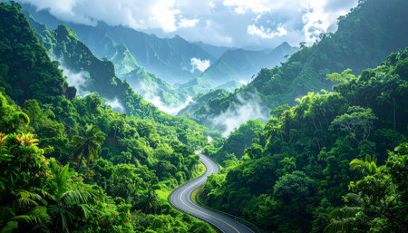 Mountain road in the jungle. Panorama of a mountain road.の素材