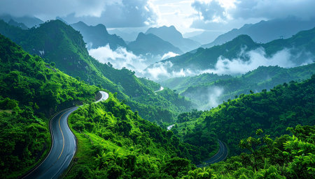 Mountain road in the mist. Beautiful nature landscape with road and clouds.の素材