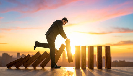 Businessman stopping domino effect on sunset background. Risk and strategy conceptの素材