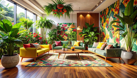 Interior of a living room with a beautiful view of the gardenの素材