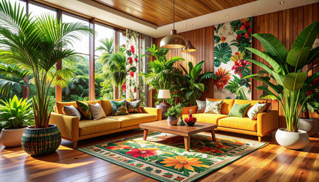 Interior of modern living room with beautiful tropical plants. 3d renderの素材