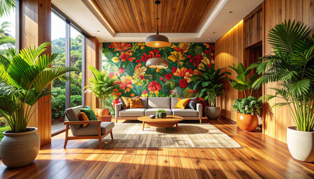 Interior of modern living room with wooden floor, sofa and plantsの素材