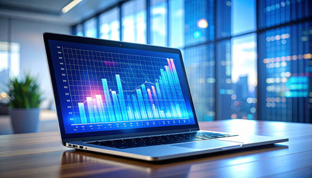 Laptop with stock market chart on screen. 3d rendering.の素材