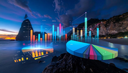 Business graph and chart on the beach at twilight time, Business conceptの素材