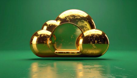 The 3d rendering of golden cloud icon on the green background.の素材