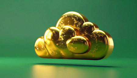 Cloud computing concept. 3D render of golden cloud with green backgroundの素材