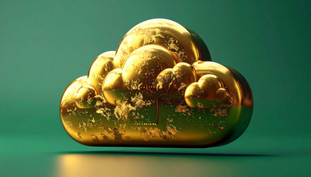 Cloud computing concept. 3D render of golden cloud on green backgroundの素材