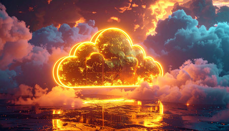 Cloud in the night sky. 3D rendering. Neon background.の素材