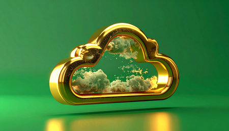 Cloud computing concept. 3d render of golden cloud on green backgroundの素材
