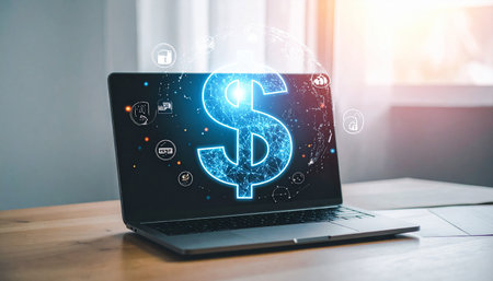 Laptop with glowing dollar icon on screen. Finance and trading concept. 3D Renderingの素材
