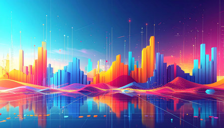 abstract background with 3d skyscrapers and neon lights, vector illustrationの素材