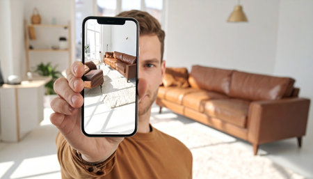 man taking selfie with smartphone at home in the living room, lifestyle conceptの素材