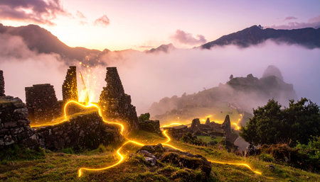Machu Picchu Inca ruins at sunrise, Peru, South Americaの素材