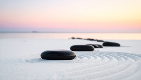 zen stones on the beach at sunset, meditation and relaxation concept, harmony and balanceの素材