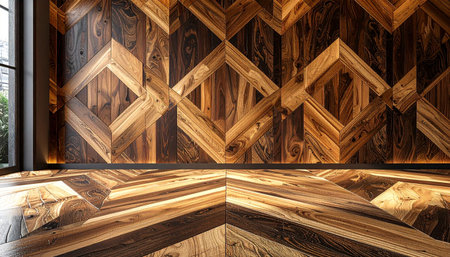 Wooden interior with window and parquet floor. 3d renderの素材
