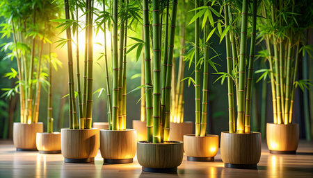 Green bamboo plants in wooden pots on wooden table with sunlight background.の素材
