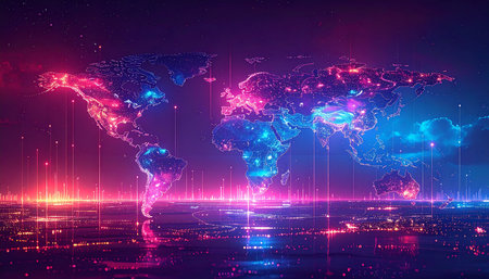 Abstract digital world map with glowing connections on dark background. 3D Renderingの素材