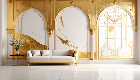 3d render of a gold interior with a sofa and a windowの素材