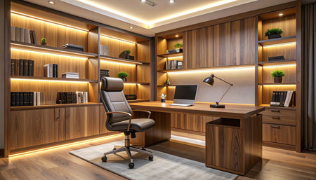 Luxury wooden office interior. Workplace concept. 3D Renderingの素材