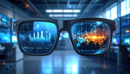 Glasses with stock market data on the screen. 3d renderingの素材