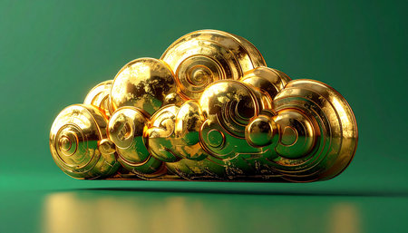 3d rendering of golden coins on green background with copy space.の素材