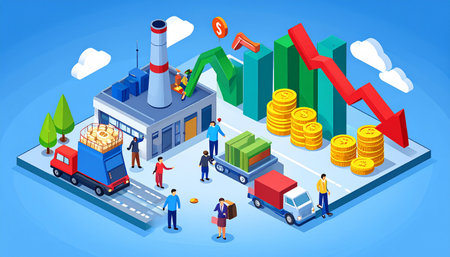 Flat 3d isometric vector illustration of industrial factory with people.の素材