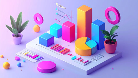 3d isometric business infographics with pie charts and graphs, vector illustrationの素材